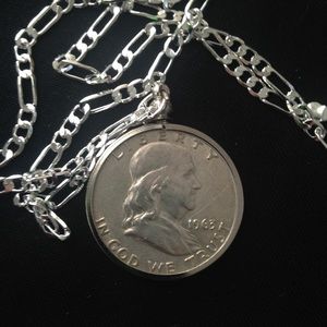 1963 Silver Half Dollar Coin, 18in 925 Chain